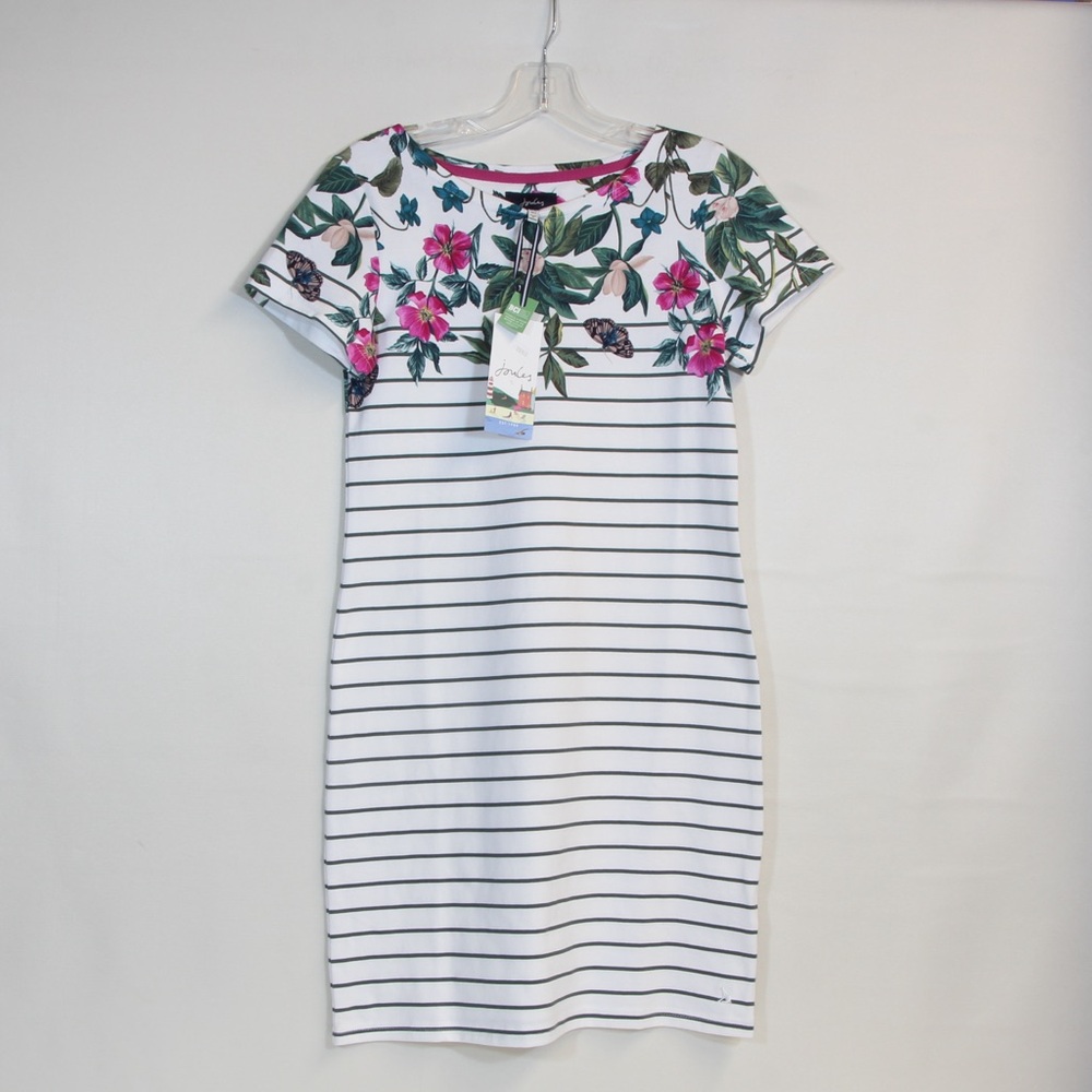 Joules Riviera Print White Stripe Floral Short Sleeve Mini Dress US Size 2 EU 24